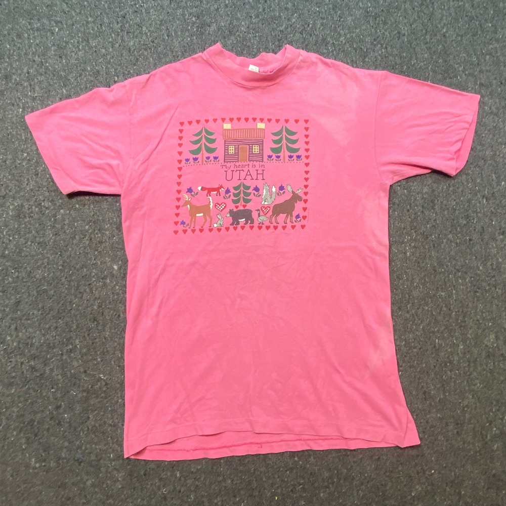 Hanes T Shirt Medium Mens Pink Vintage Utah Graphic Single Stitch Beefy-T Cotton